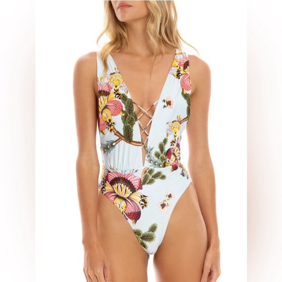Agua Bendita 🌸 Floral Deep V-Neck Cheeky One Piece - Picture 3 of 16